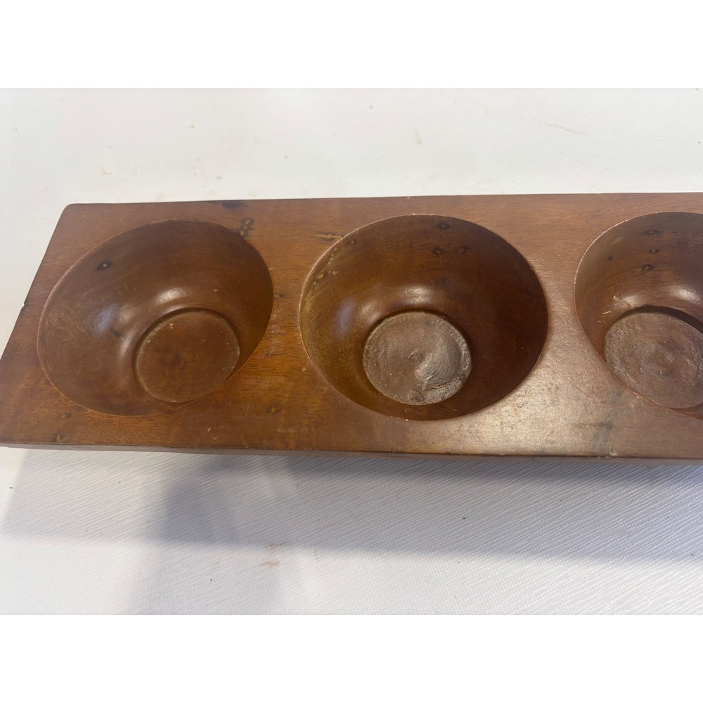 Vintage Hand Carved Wooden 3 Compartment Snack Server Condiment Candle Holder - Picture 5 of 7